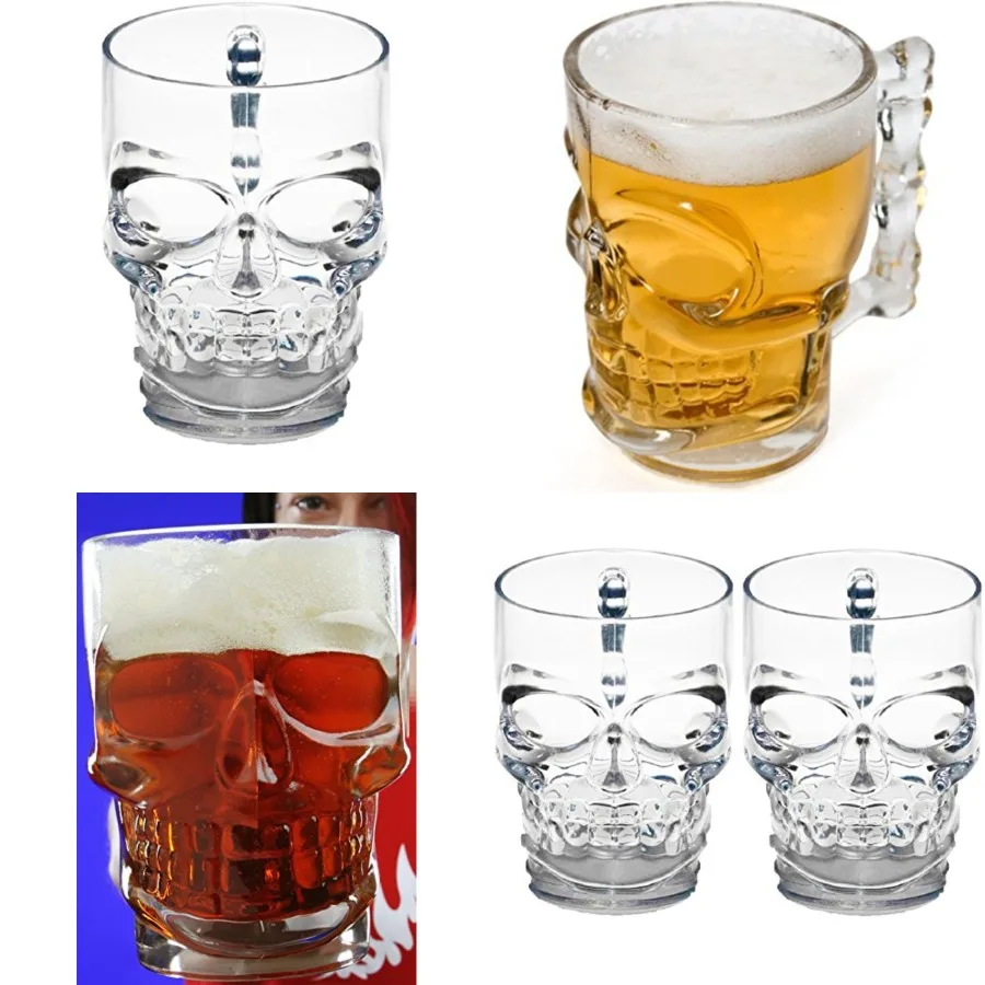 

Skull Face Beer Mug Drinking Glasses with Handle, Set of 2, Heavy Base Funny Entertainment Glassware for Water, Juice and Hallo