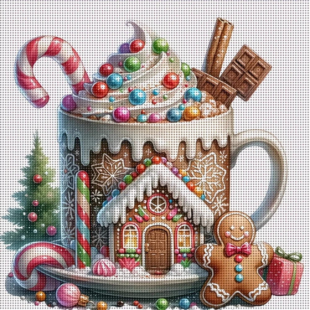 1PC 36X36cm/14.17X14.17inch, 11CT Print Cross Stitch DIY Kit, Candy Cottage, Adult Beginner's Relaxed Cross Stitch