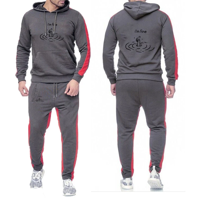 

2025 New Men's T'm Fine Print Solid Color Sports Sets Spring And Autumn Casual With Pockets Hoodies+Sweatpants Suit