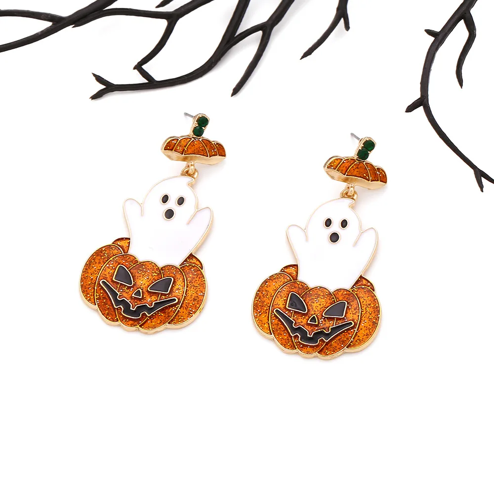 Exaggerated Halloween Diamond Ghost Jack-o-Lantern Earrings Vintage Grimace Ghost Earrings Fashion Earrings Women