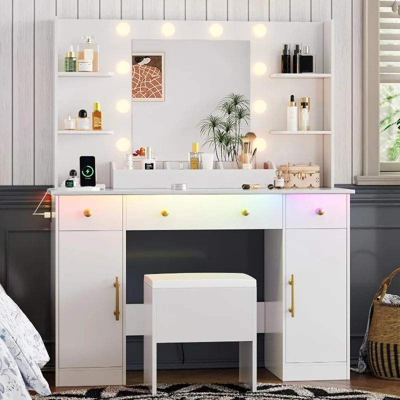โต๊ะเครื่องแป้งพร้อมกระจกและไฟ ชุดโต๊ะเครื่องแป้งแต่งหน้าสีขาว 43 นิ้ว พร้อมลิ้นชักและเก้าอี้ 5 ลิ้นชัก ปลั๊กไฟ 3 โหมดแสงสว่าง