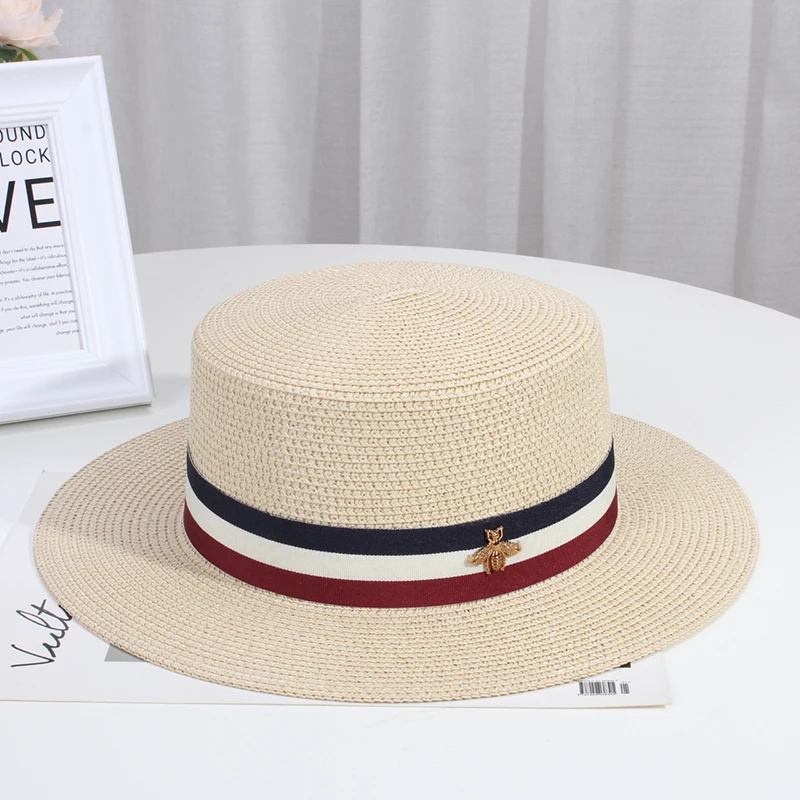 Sun Hats for Women French Flat Brimmed Straw Hat Women\'s British Flat Top Leisure Vacation Panama Beach Cap Chapeu Feminino