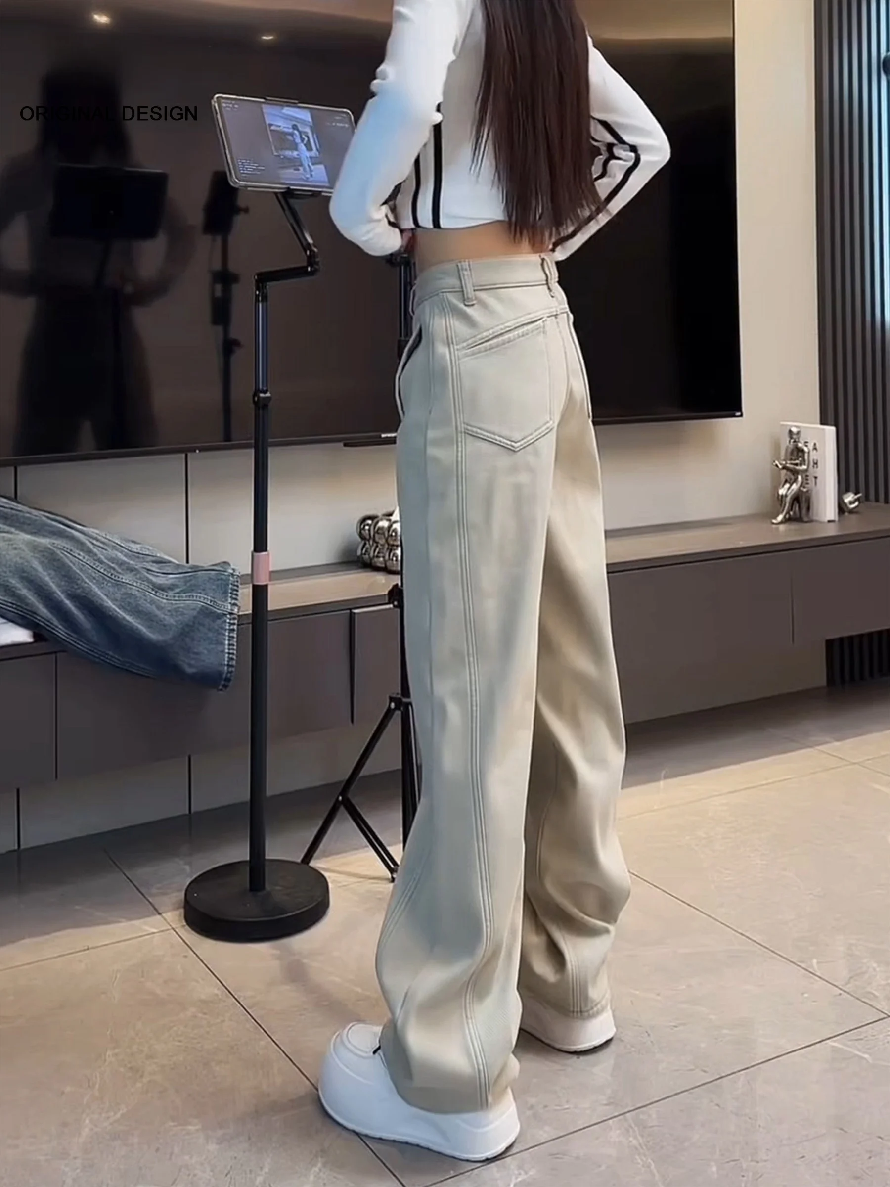 

Американские ретро-джинсы с широкими штанинами, женские, новые, летние, на флисе, с высокой талией, прямые, свободного кроя, повседневные, из смесового хлопка