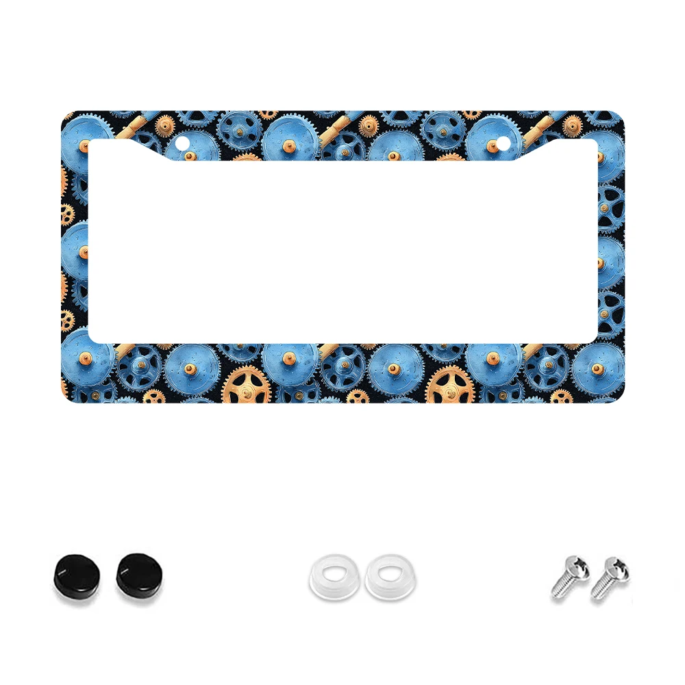 

1pc Blue Gear Pattern 2-Hole License Plate Frame, Aluminum Material, 6x12 Inches with Screw Set, Retro Novelty Car Decoration G