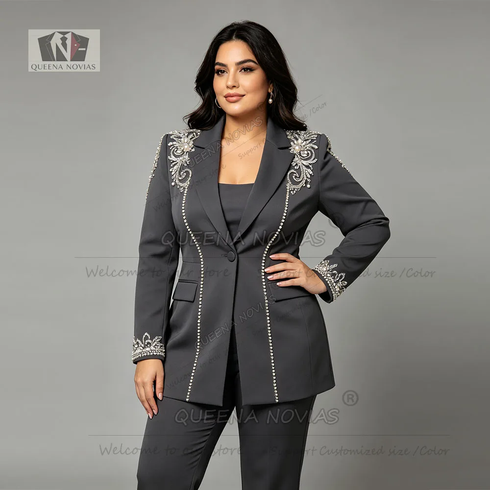 Stunning Women Suits 2 Pieces Diamond Beading Sequin Jacket Pants Customized Bride's Mother Dress Lady Business Dinner Clothing
