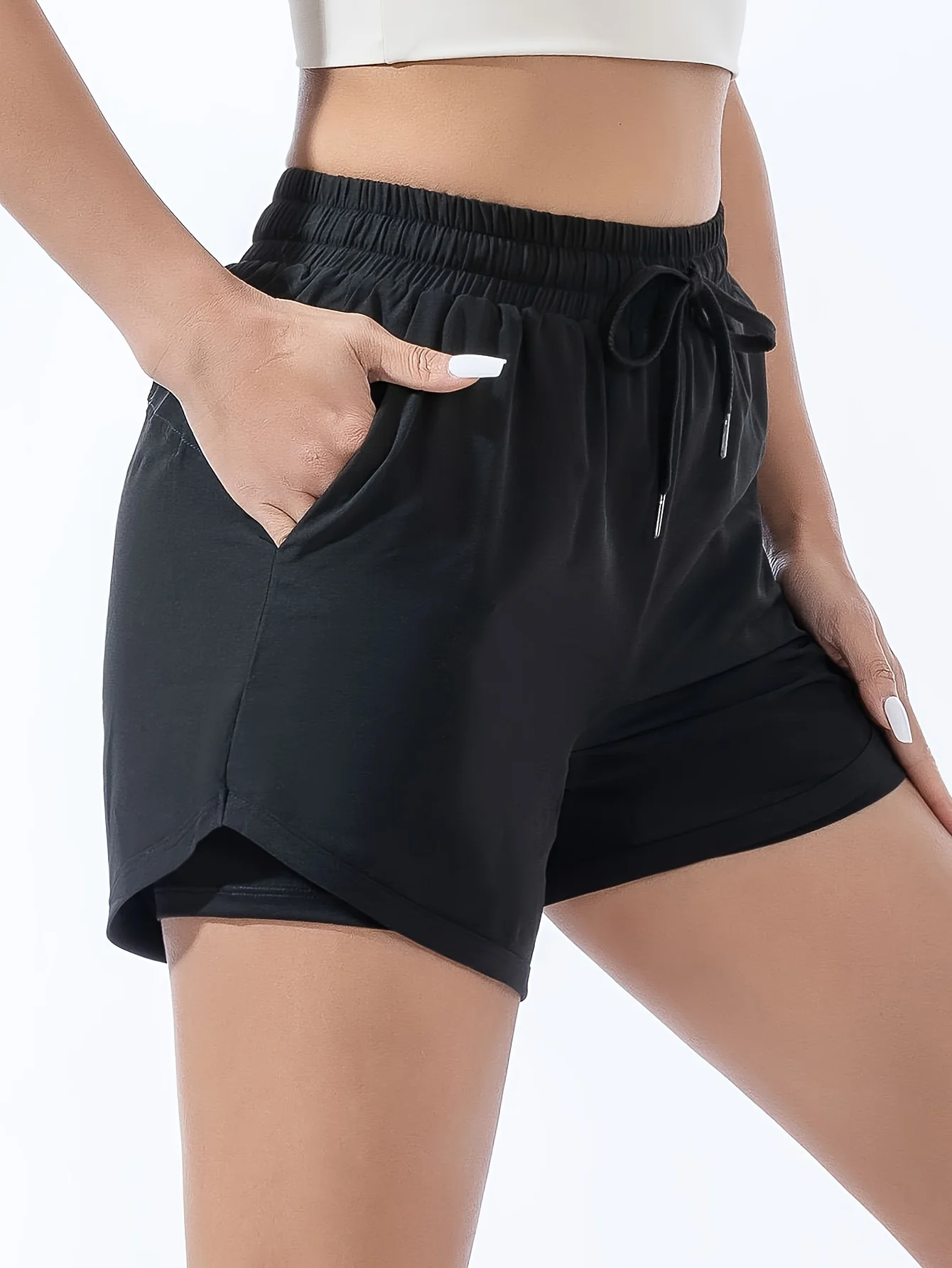 Loose sports shorts women's high-waisted double-layer anti-glare yoga fitness pants running quick-drying training outerwear hoot