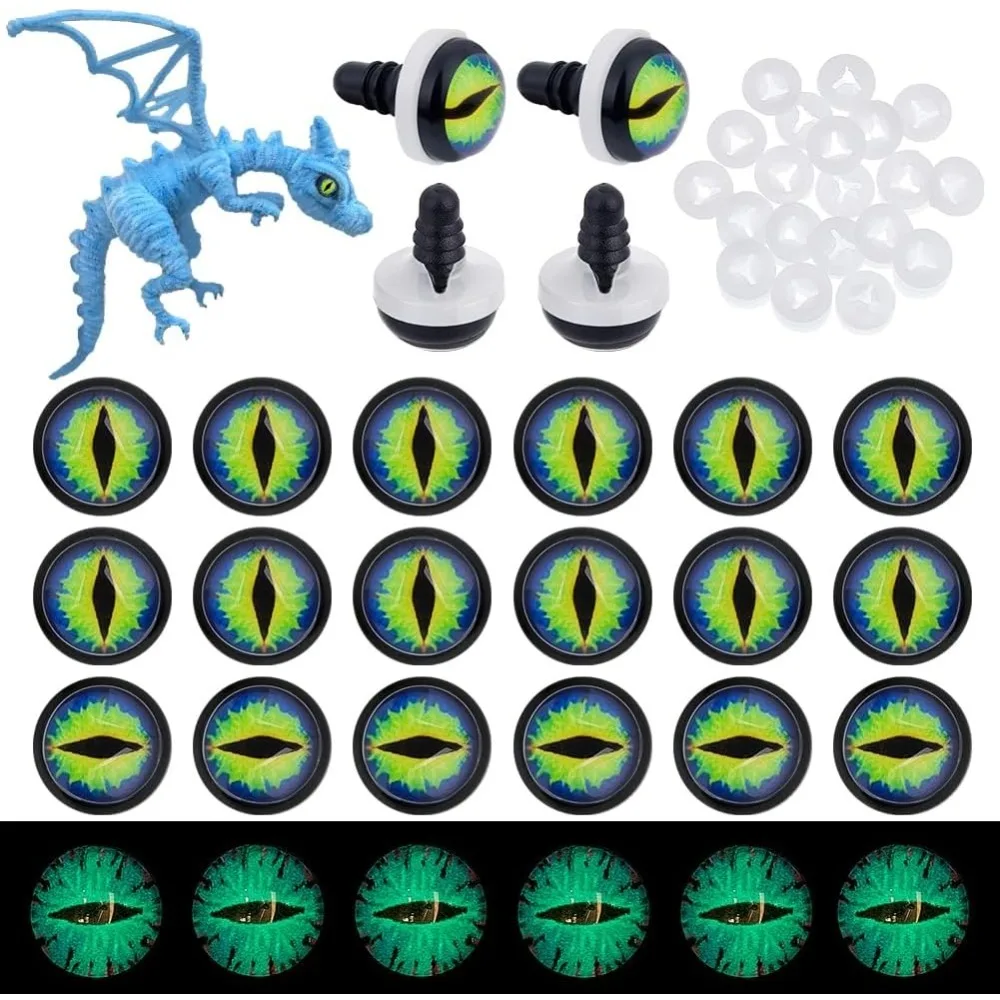 

20pcs 12mm Craft Safety Eyes Glow in The Dark Dragon Eye Cabochons Green Luminous Craft Crochet Eye with 20pcs Washers