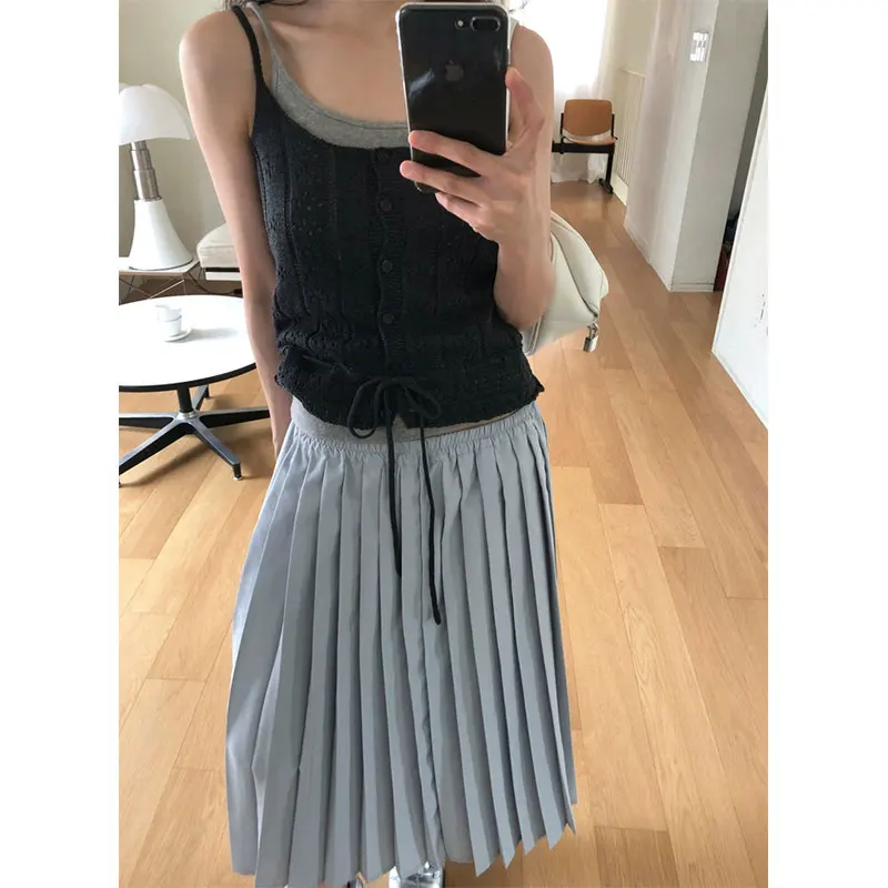 

Ele Knitted Pleated Skirt with Belt And Button for Women High Waist Loose Fit Daily Wear Summer 2025 Selfwill Brand