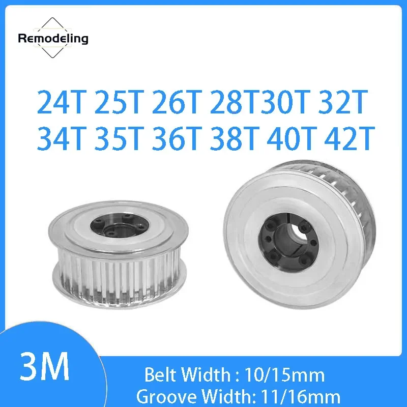 

1pcs 3M Timing Pulley Keyless 24T 25T 26T 28T 30T 32T 35T-40T 42T Bushing Bore 5mm-15mm Synchronous Wheel For Belt Width 10/15mm