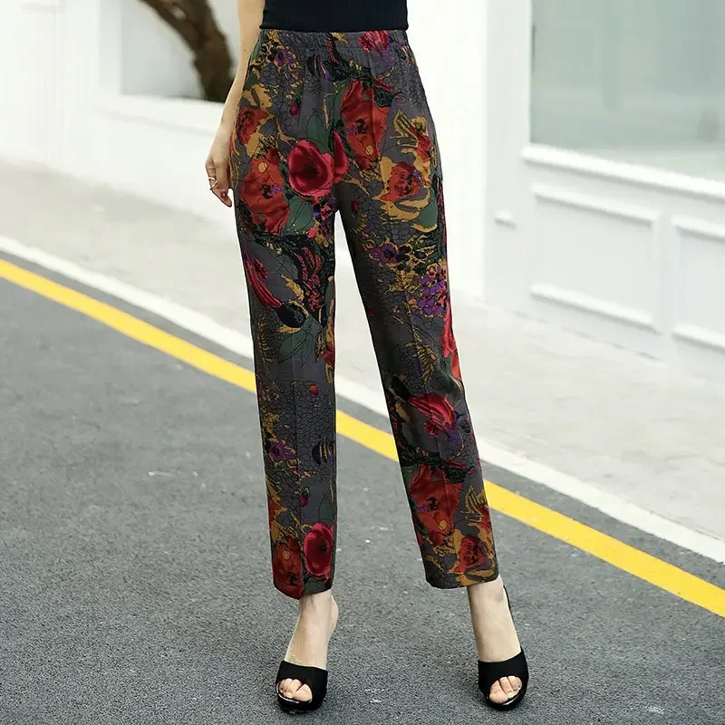 Casual Middle-aged Women Basic Trousers 2023 Summer Ankle-Length Harem Pants Female Bottoms Fashion Striped High Waist Pants