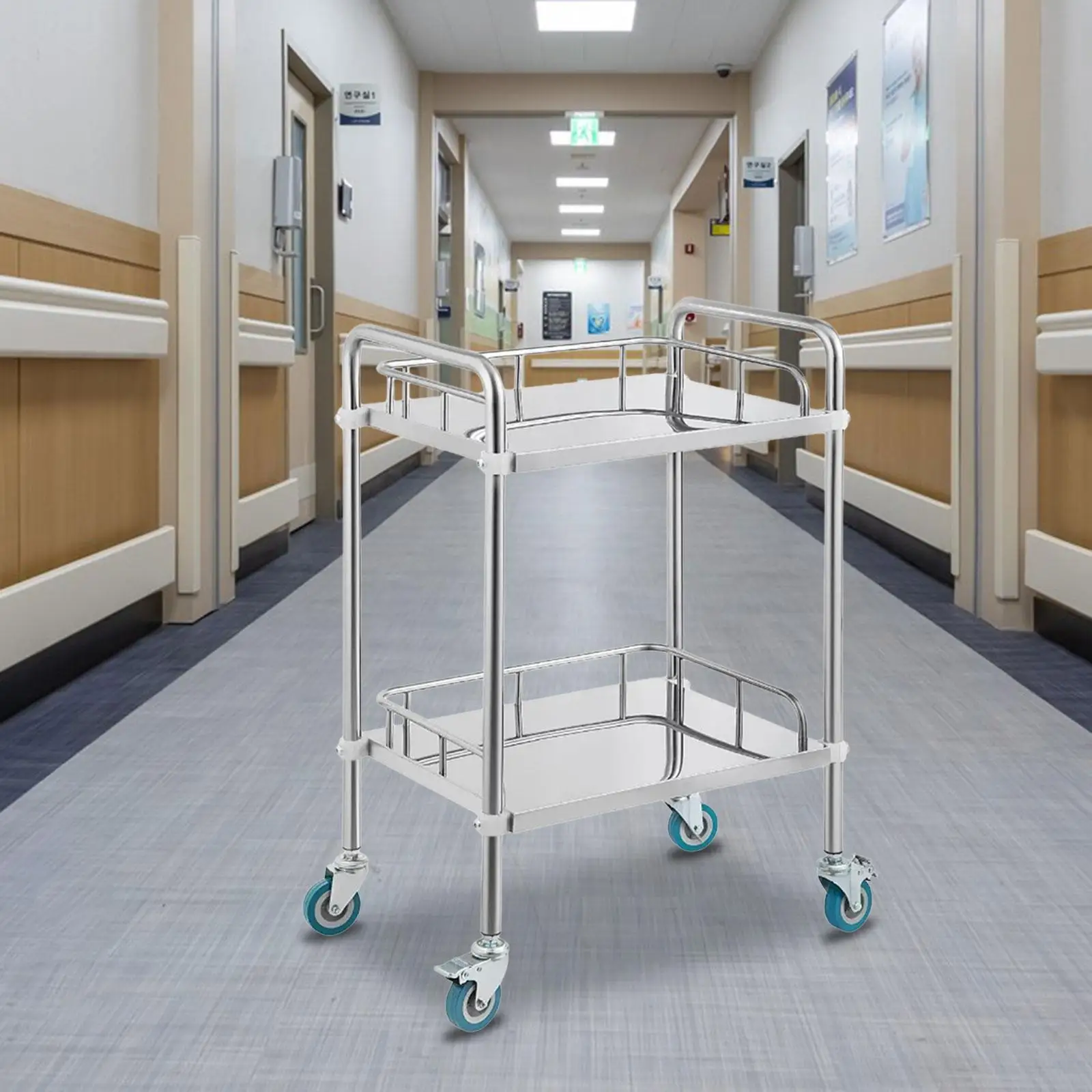 ロック可能な車輪付きステンレス製ローリングカート、サロンキッチン用2段ラボカート