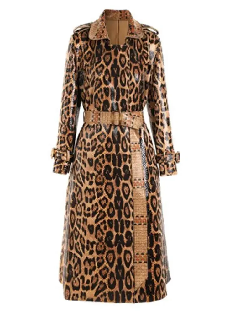 

British Leopard Printed Pu Leather Trench Coat For Women Lapel Long Ssleeve Belted Windbreaker 2026 Autumn New 3WQQPCC