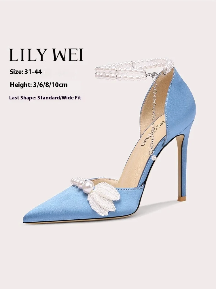 

Сандалии на высоком каблуке-шпильке, новые летние заостренные полые шелковые сандалии с жемчужным цветком, банкетные расширенные женские туфли большого размера, маленького размера