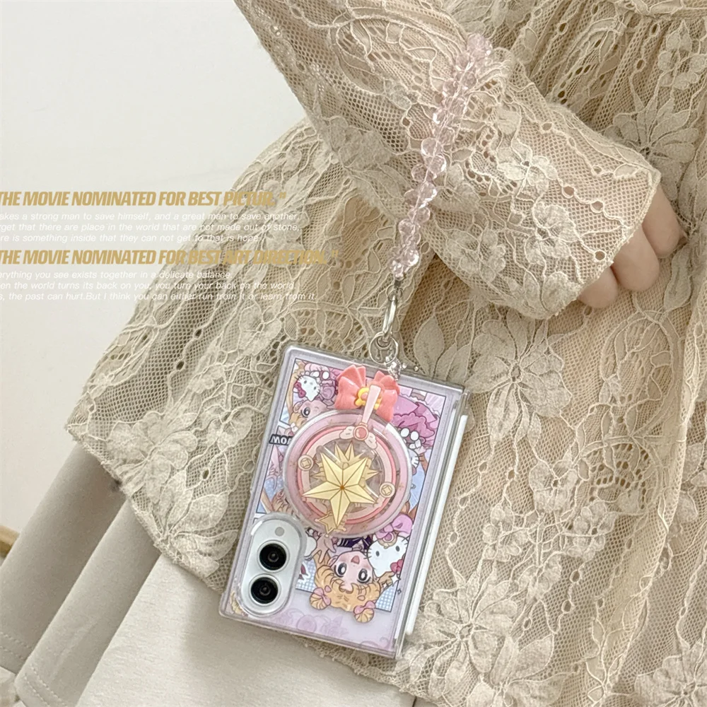 Kawaii Cartoon Cute Pink Girl Magnetic Fold Phone Case for Samsung Galaxy Z Fold 8 Ultra Cover For Magsafe Stand Chain Cases