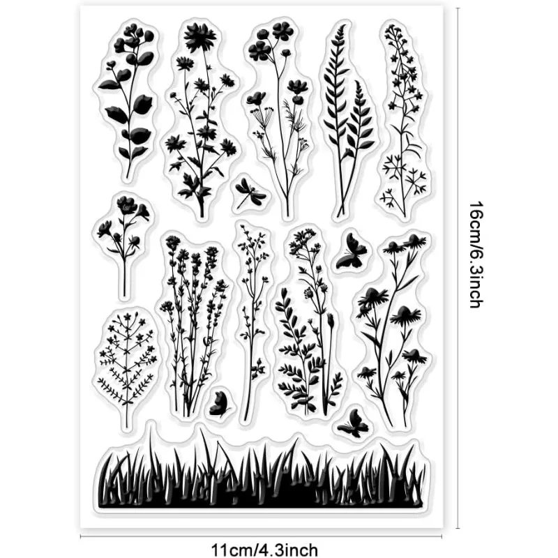 1 pc Wildflower Meadow Silhouette Clear Stamp Vintage Flowers Plants Clear Rubber Stamps Silicone Stamps 6.3x4.33inch