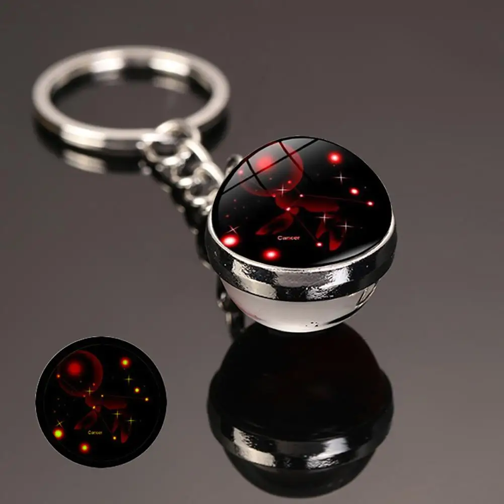 Creative 12 Constellation Luminous Key Ring Time Stone Double-Sided Glass Ball Metal Keychain Pendant Key Chain Accessories