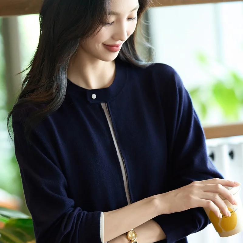 

Осенний новый бейсбольный трикотаж, шерстяной свитер на молнии, женский легкий и нежный вязаный базовый свитер, свитер, элитная куртка