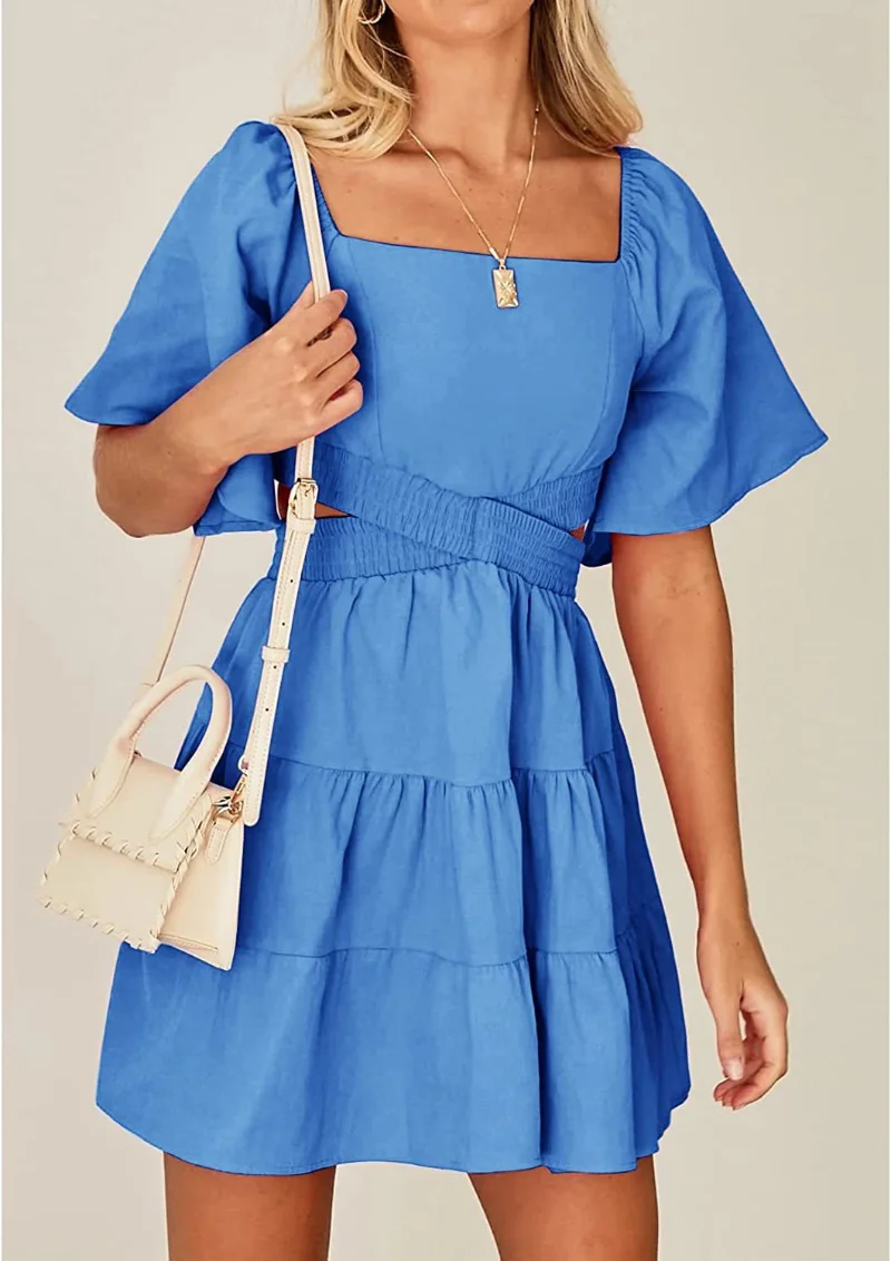 Donna estate ritagliata a vita alta aperta sul retro mezza manica grande Swing Ruffle Hem Smock Dress 2023 Summer Female Street Yellow Dresses