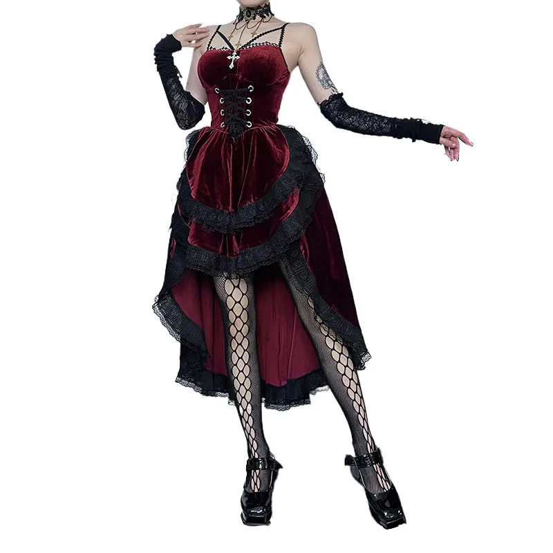 High Low Cut Swallow Tail Lace Strap Dress Tail Corset Bustier Women Dark Gothic Vampire Costume Halloween Outfit Evening Dress