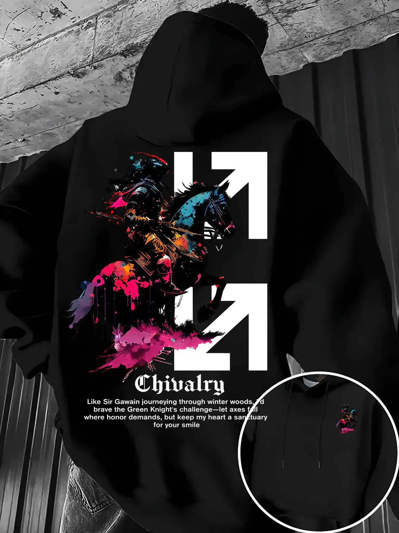 Chivalry Knight Horse Graphic Hoodie Unisex Drawstring Hooded Sweatshirt Splash Paint Streetwear Oversized Casual Top