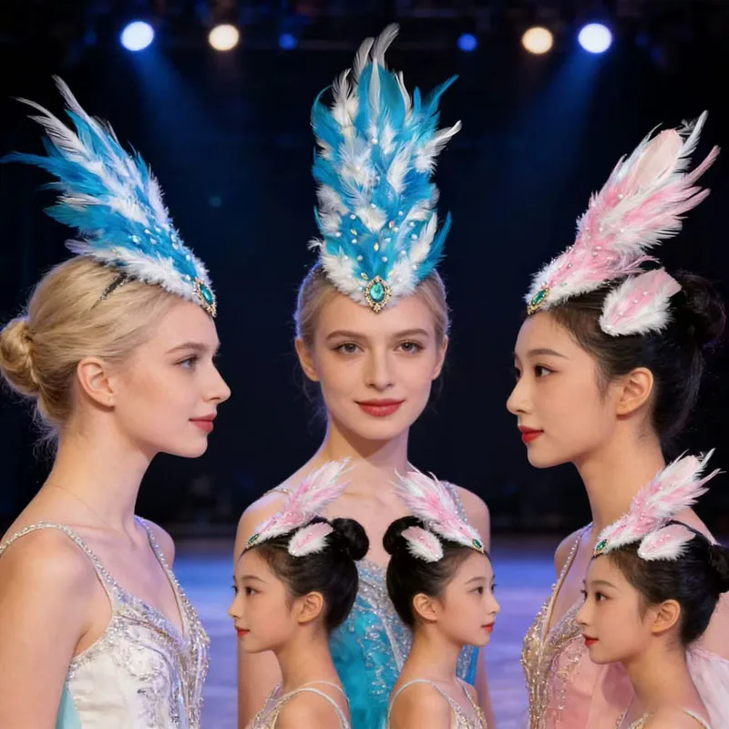 Women Feather Hair Clip with Rhinestone Latin Dance Party Headwear Wedding Bridal Hair Accessory Fashion Jewelry
