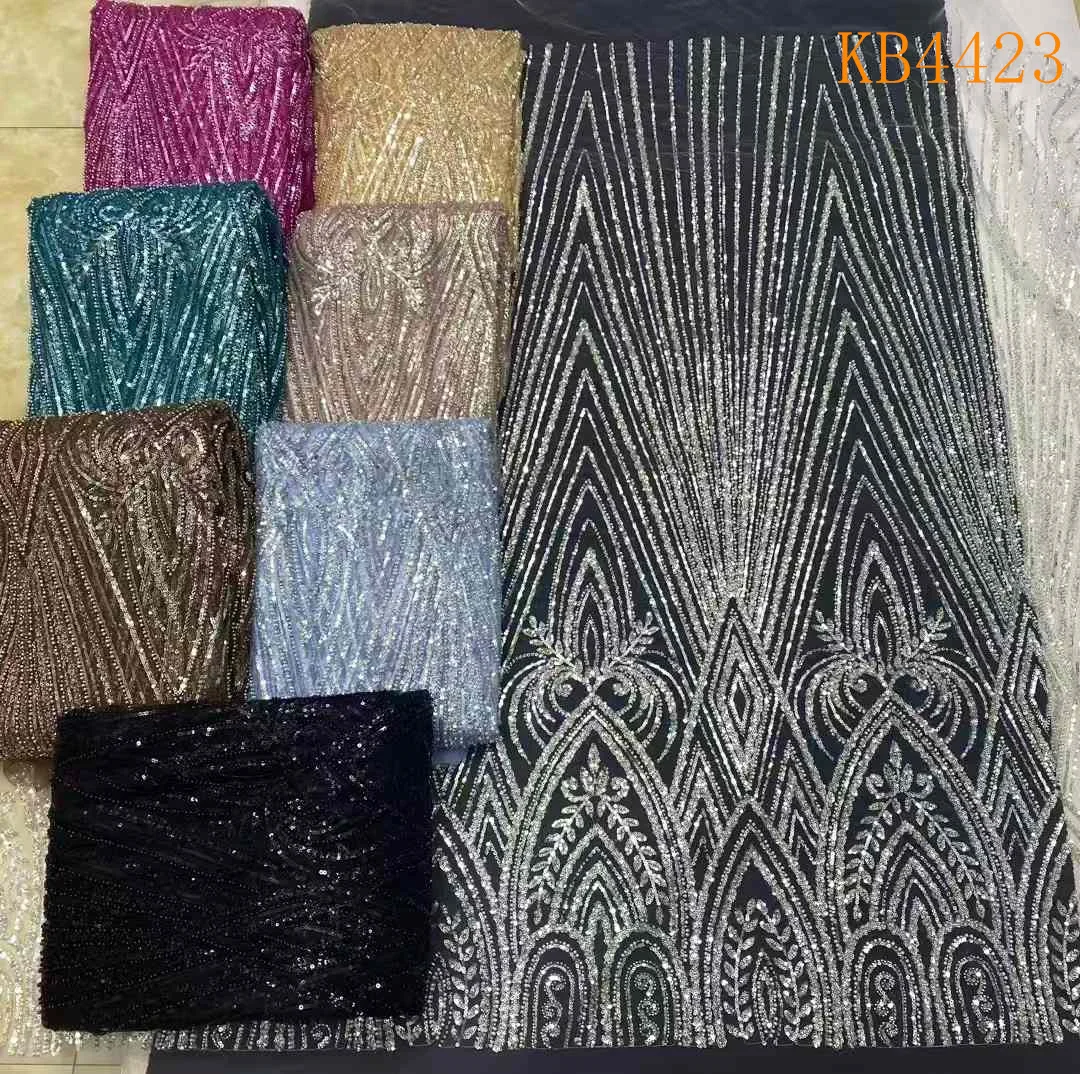 Sky Blue Beaded Lace Fabric African Lace Fabric 2024 High Quality Luxury Dress White Sequins Tulle Lace Fabric For Sewing KB4423