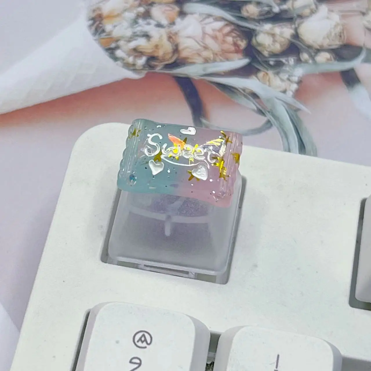 DIY personalizado Bow Key Cap, orelha de coelho, transparente, R4 Eixo transversal, rosa jogo, Keycap teclado mecânico