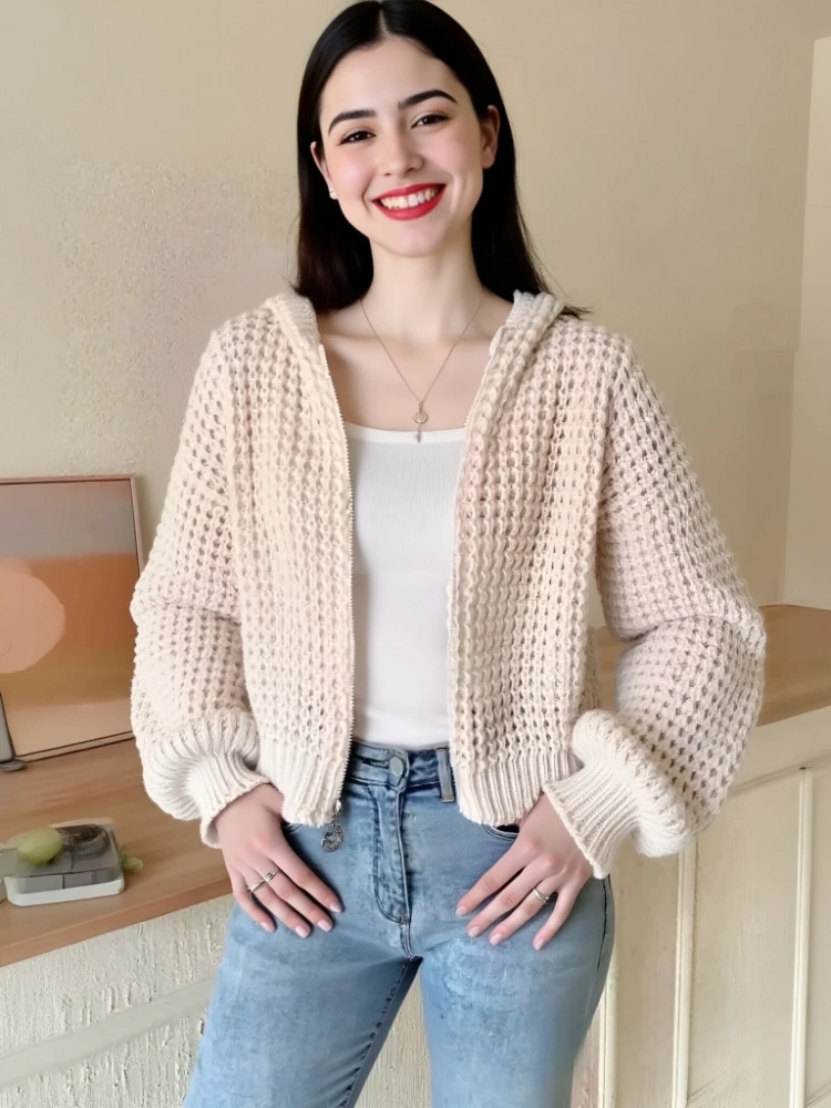 

Новый осенне-зимний однотонный женский свитер с капюшоном и рукавами-фонариками, новый кардиган на молнии, свободный и элегантный трикотаж