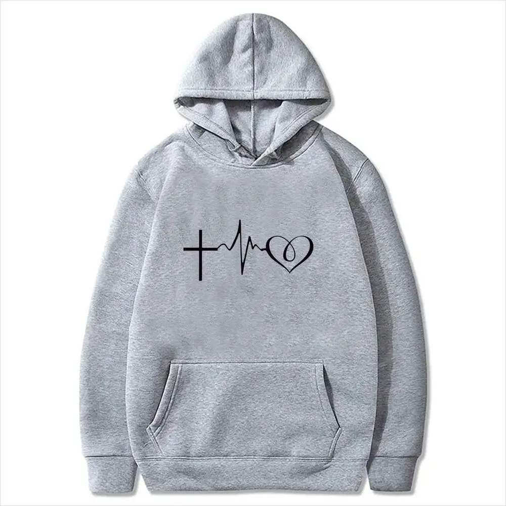 Faith Cross Heartbeat Print Women Hoodie Long Sleeve Pullover Autumn Winter Y2k Casual Loose Streetwear Graphic Aesthetic Tops