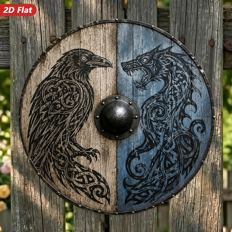 2D Flat, 1pc Viking Raven Wolf Round Metal Sign Wall Art, Norse Mythology Art, Celtic Knotwork Style