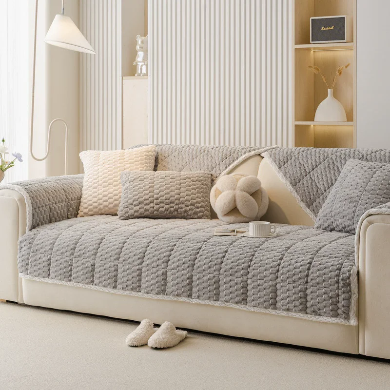 Honeycomb Velvet Sofa Cushion Autumn and Winter New Straight One-piece Cushion Winter Thickened Plush Sofa Cover Cover Cloth