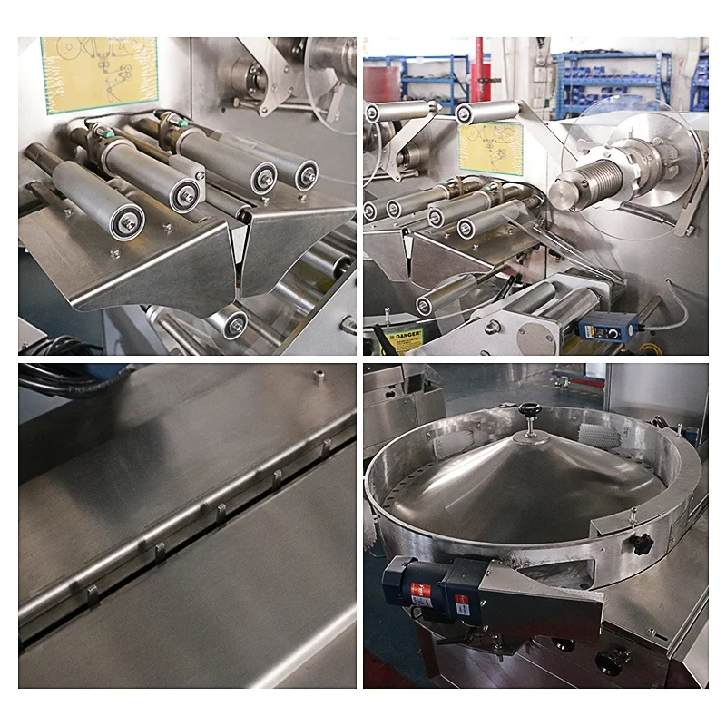 เครื่องบรรจุภัณฑ์แบบห่อแนวนอนอัตโนมัติความเร็วสูงแบบมัลติฟังก์ชั่นพร้อมเซอร์โวมอเตอร์สามตัวสำหรับบรรจุขนมแบบหมอน