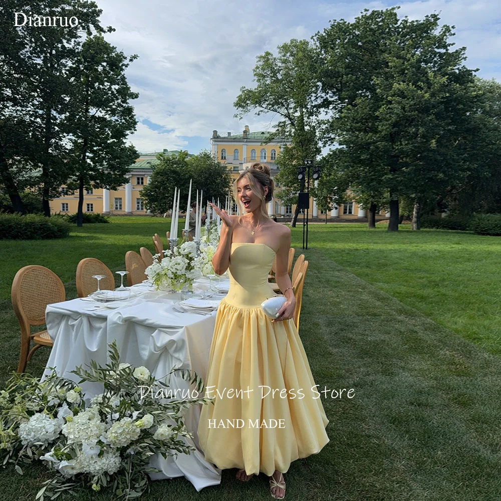 

Dianruo Yellow Strapless Evening Dresses Elegant Sleeveless Robe De Soirée Femme Back Zipper Midi Length Prom Gowns Customized