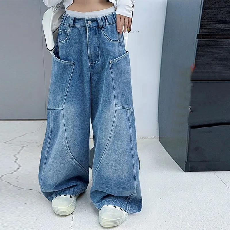 Girls' Fleece Jeans 2025 Autumn and Winter Teen Children Warm Thick Loose Straight Leg Wide Leg Pants Retro Curved Knife Pants