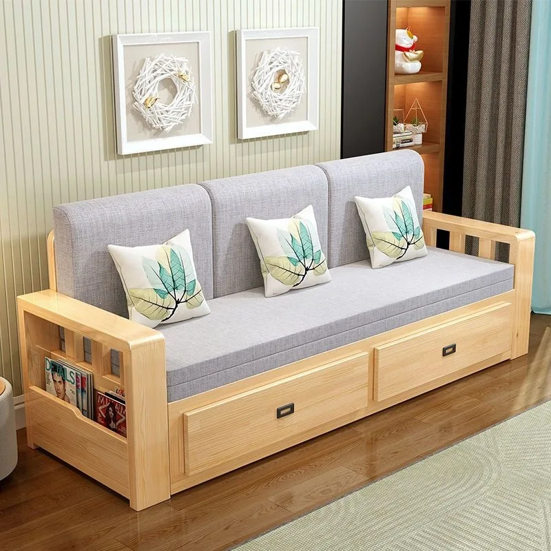 #Wood Convertible Sofa Bed With Storage Pull Out Multifunctional 2 in 1 Folding Sleeper Sofa for Small Living Room