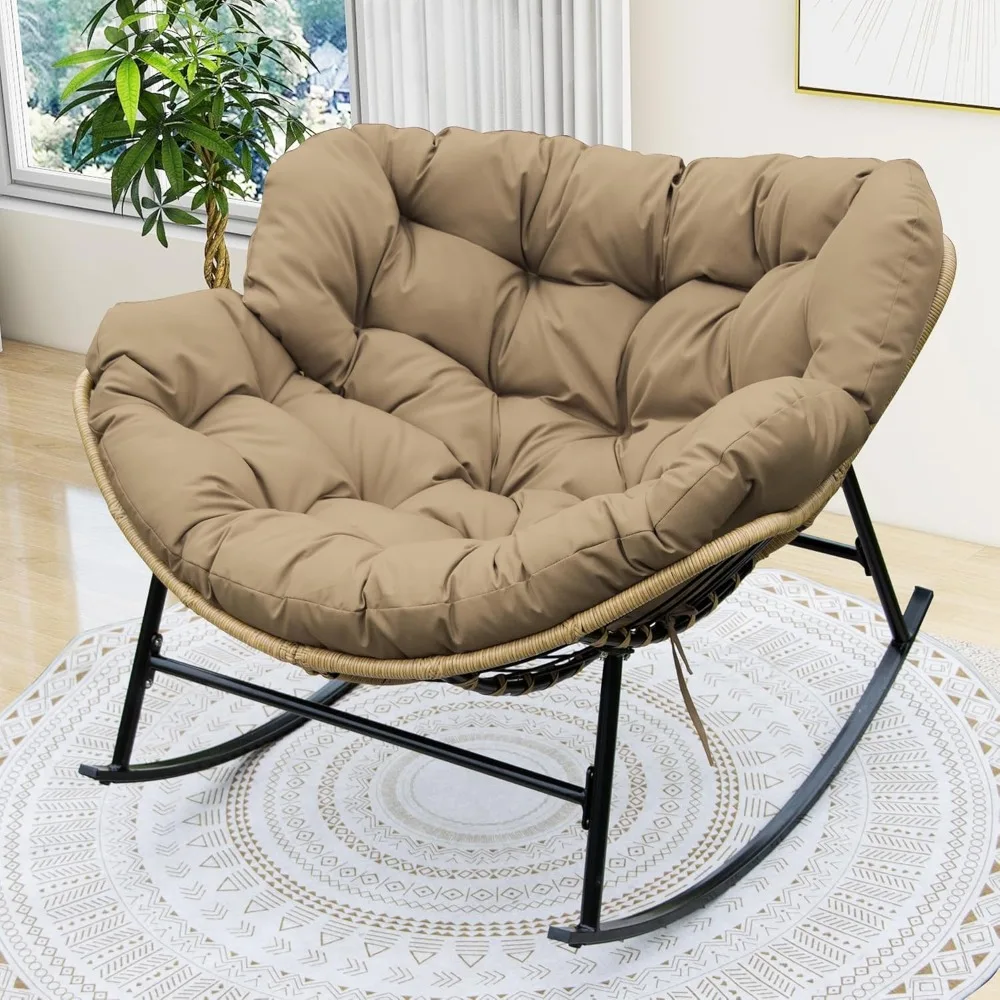 

Outdoor Indoor Royal Rocking Chair,Oversized Wicker Rattan Papasan Recliner Chair with Cushion,Patio Lounge Rocker Chair
