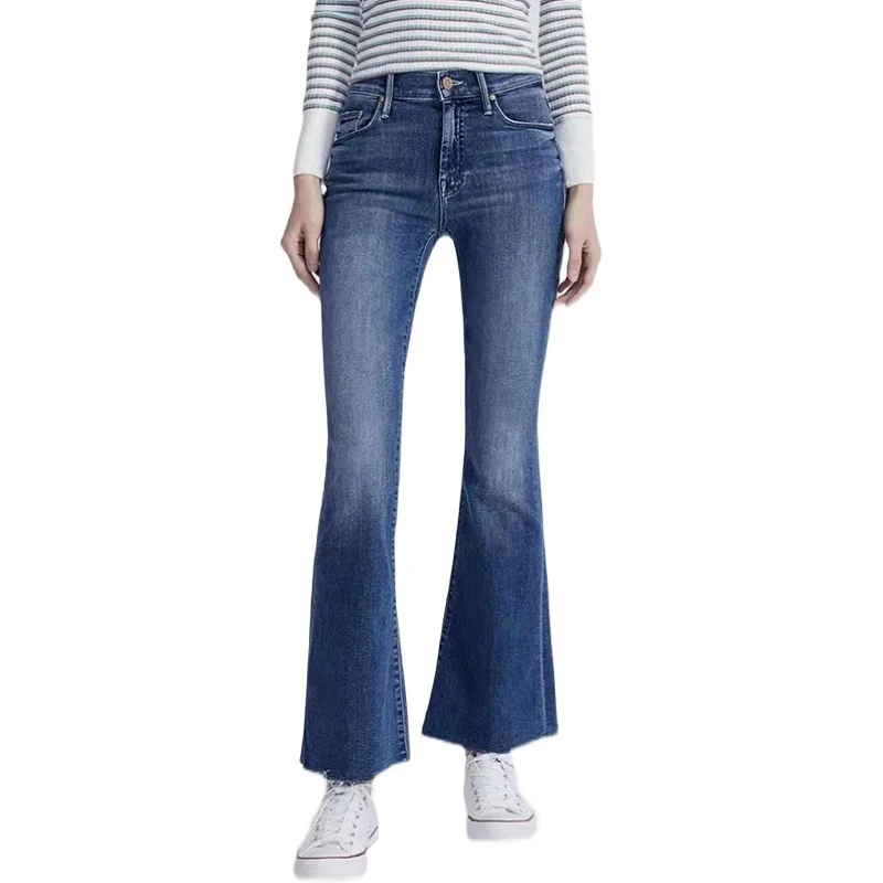 Damskie dżinsy z wysokim stanem, rozszerzane do kostek, długie do ziemi, obcisłe, typu mom jeans, jesienne, nowe, ciemnoniebieskie, długie spodnie.