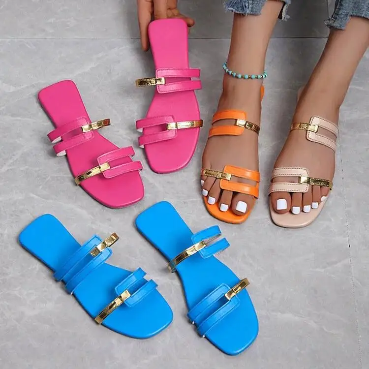 

Flat Bottom Slippers Women's Sandals Comfortable Slip-On Flats Korean Style Casual Rubber Sole Flat Heel PU Lined Shoes