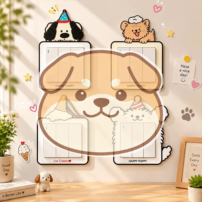 Self-Adhesive Cartoon Puppy Light Switch Cover Fun Home Accent Non-Toxic Wall Decal for Kids Bedroom Living Room