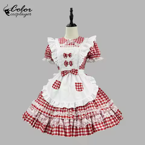 Color Cosplayer Anime Red Grid Dress Maid Cosplay Costume Kawaii Lolita Dress Comic-Con Outfit Carnival Coffee Servant Dress Up
