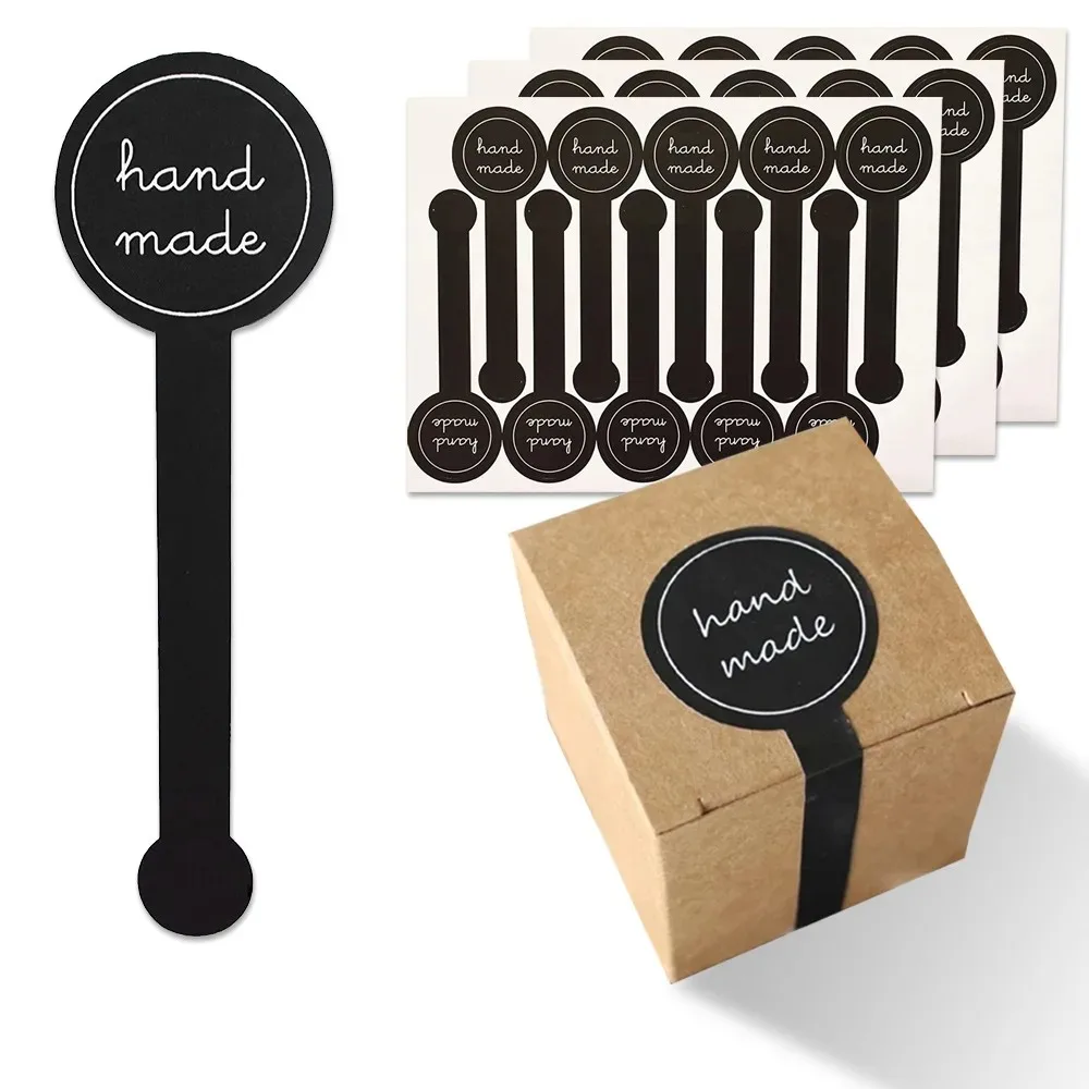 

100pcs Black Hand Made Long Sealing Sticker Pudding Bottle Sticker Baking Box Label Sticker Box Seal Cake Baking Decor