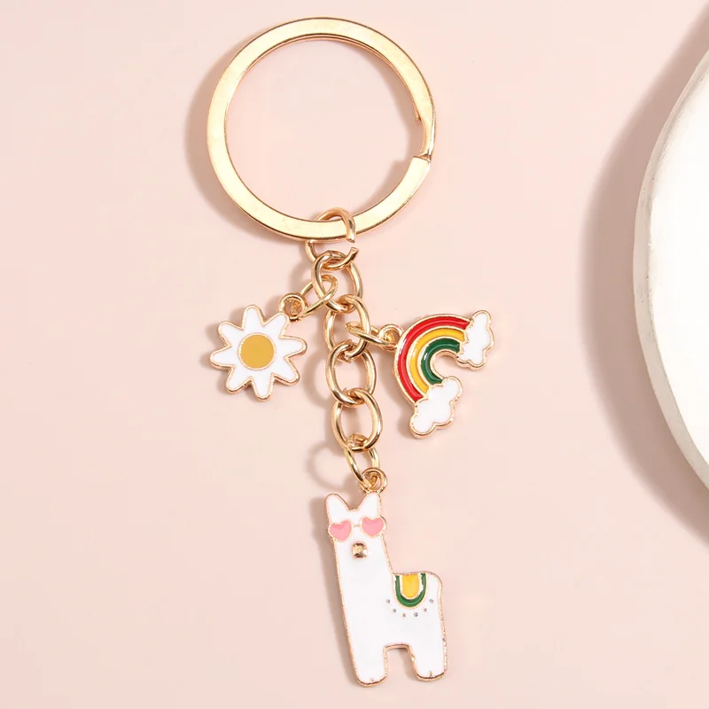 Cute Animal Keychains Colorful Flower Heart Alpaca Key Ring Enamel Key Chains For Women Men Handbag Accessorie DIY Jewelry Gifts