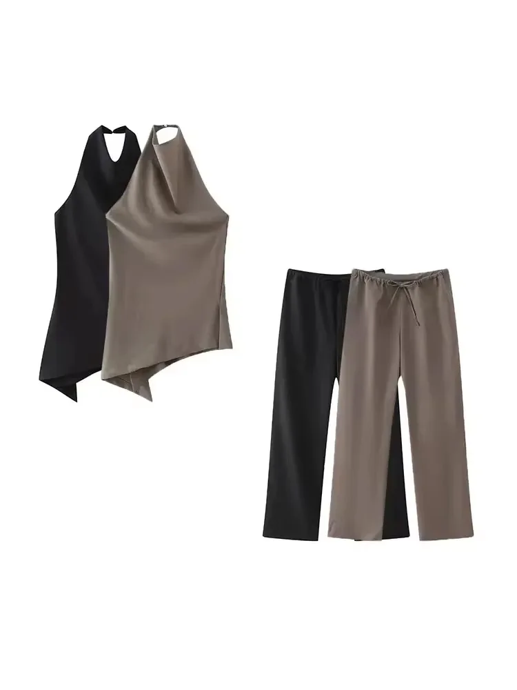 Pleated Asymmetric Halterneck Tank Tops and Straight Pants With Drawstring for Women, Female Two Piece Sets, Chic Fashion