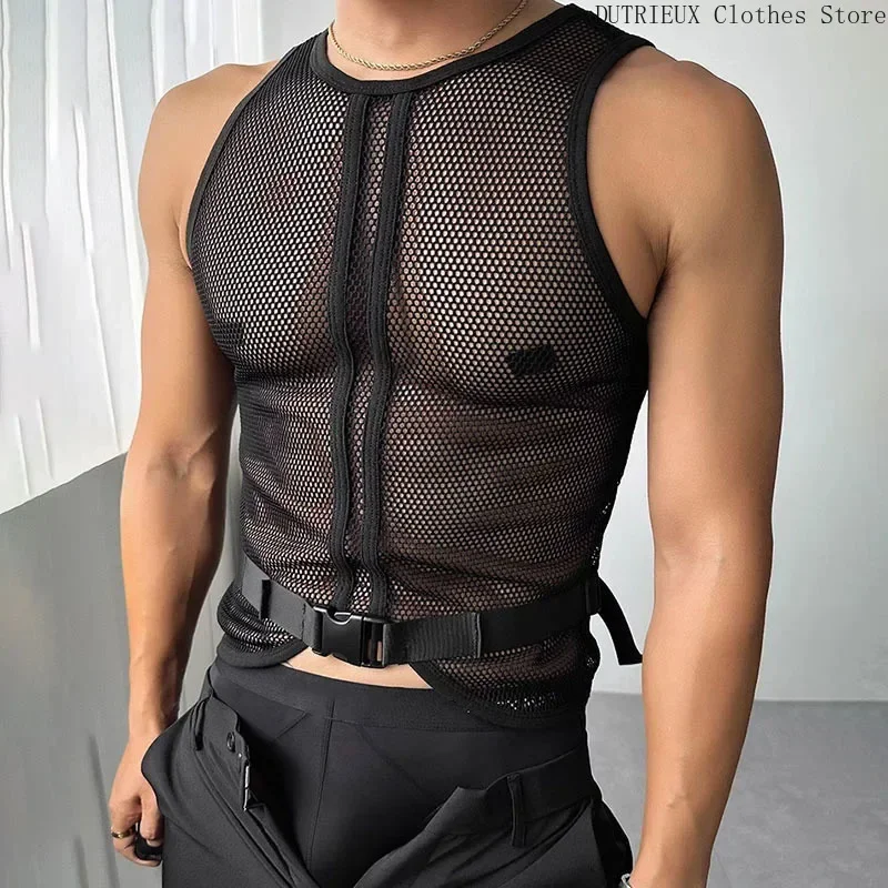 Men\'s High Street Punk Black Vest Sexy See-through Men Sleeveless Tee Fitness Exercise Hollow Vest Mesh Breathable Male Tank Top