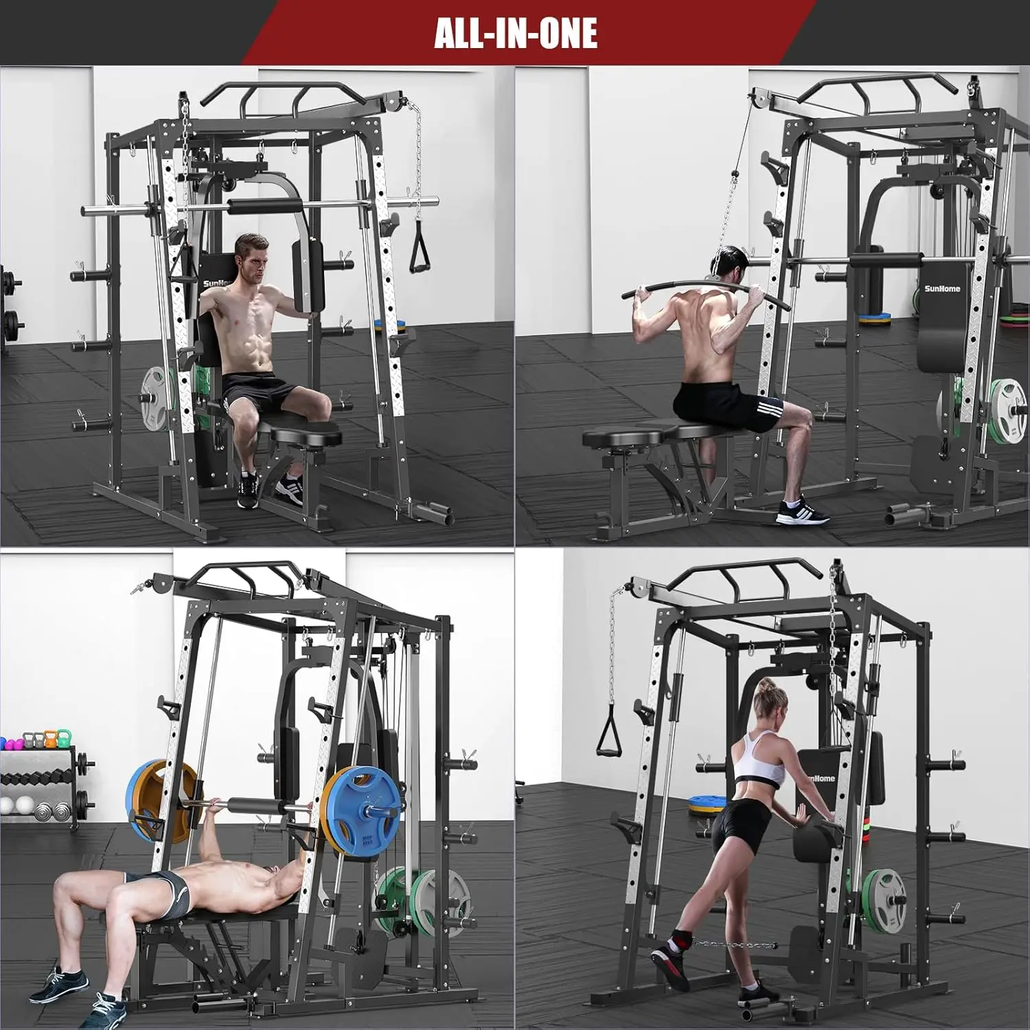 Smith Machine, 2000LBS Power Cage Squat Rack with Smith Bar, Two LAT Pull-Down Systems, Cable Crossover Machine and and