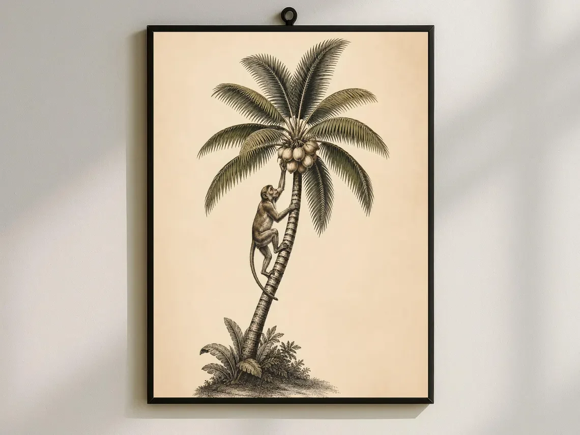 Vintage Monkey in Palm Tree , Antique Tropical Botanical Print, Colonial Jungle Art