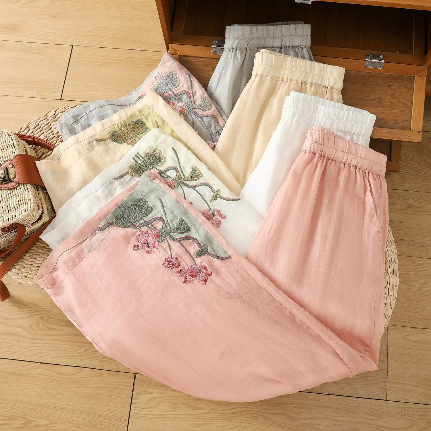 Summer Chinese Style Wide Leg Pants Ladies Casual Embroidered Elastic Waist Vintage Trousers Women Clothes All-match Straight