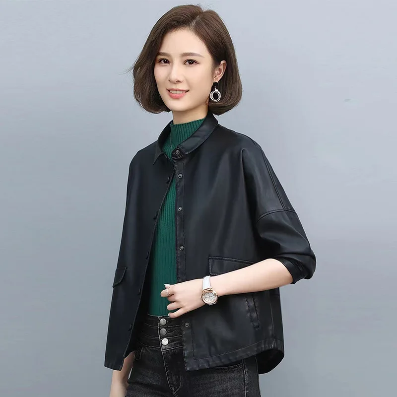 Women\'s Casual Short Leather Jacket Loose Motorcycle Top Spring Korean Lapel PU Jacket Outwear Lady Solid Single Breasted Coat