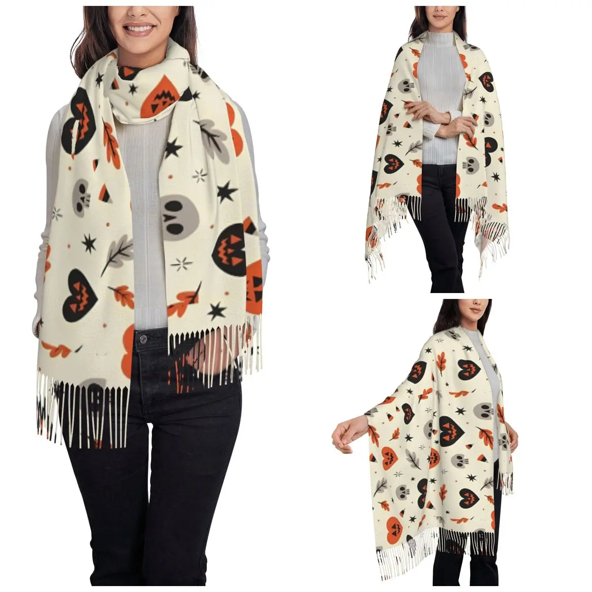 Womens Tassel Scarf Halloween Pumpkins Ghosts Single-sided Pattern Winter Warm Shawl and Wrap Trick or Treat Pashmina Scarves