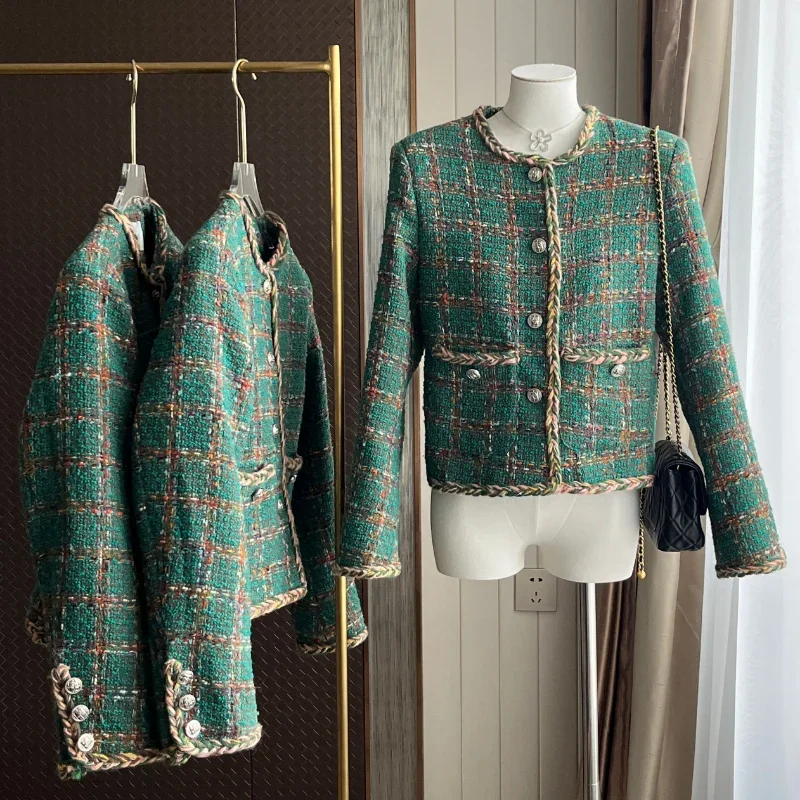 Small Fragrant Green Plaid Tweed Jacket Autumn Winter 2023 New O Neck Long Sleeve Casual Elegant Simple Women Short Coat 1770